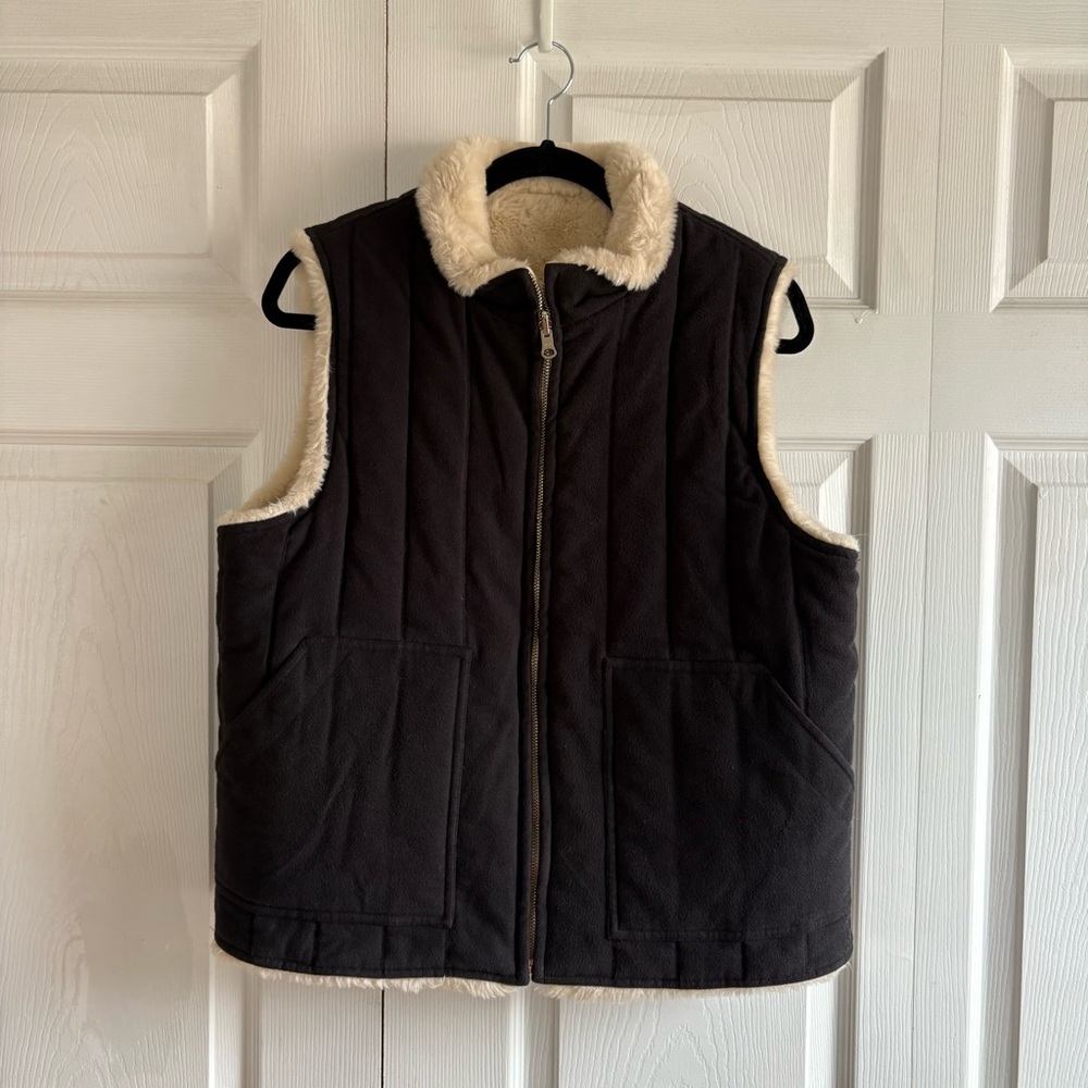 J.Crew L Black Quilted Sherpa Zip Vest Pockets Gorpcore Cabincore Double‎ Sided